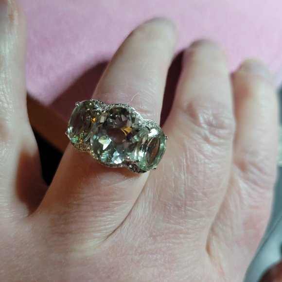 JTV- PRASIOLITE WITH WHITE ZIRCON SILVER 3-STONE RING - Picture 2 of 8